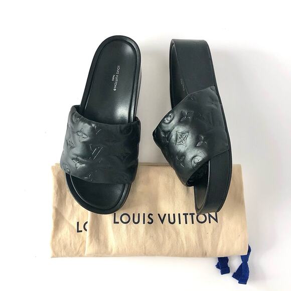 Louis Vuitton Jumbo Flatform Monogram Mules Black Leather Slip On Sandals 38 - Picture 2 of 8
